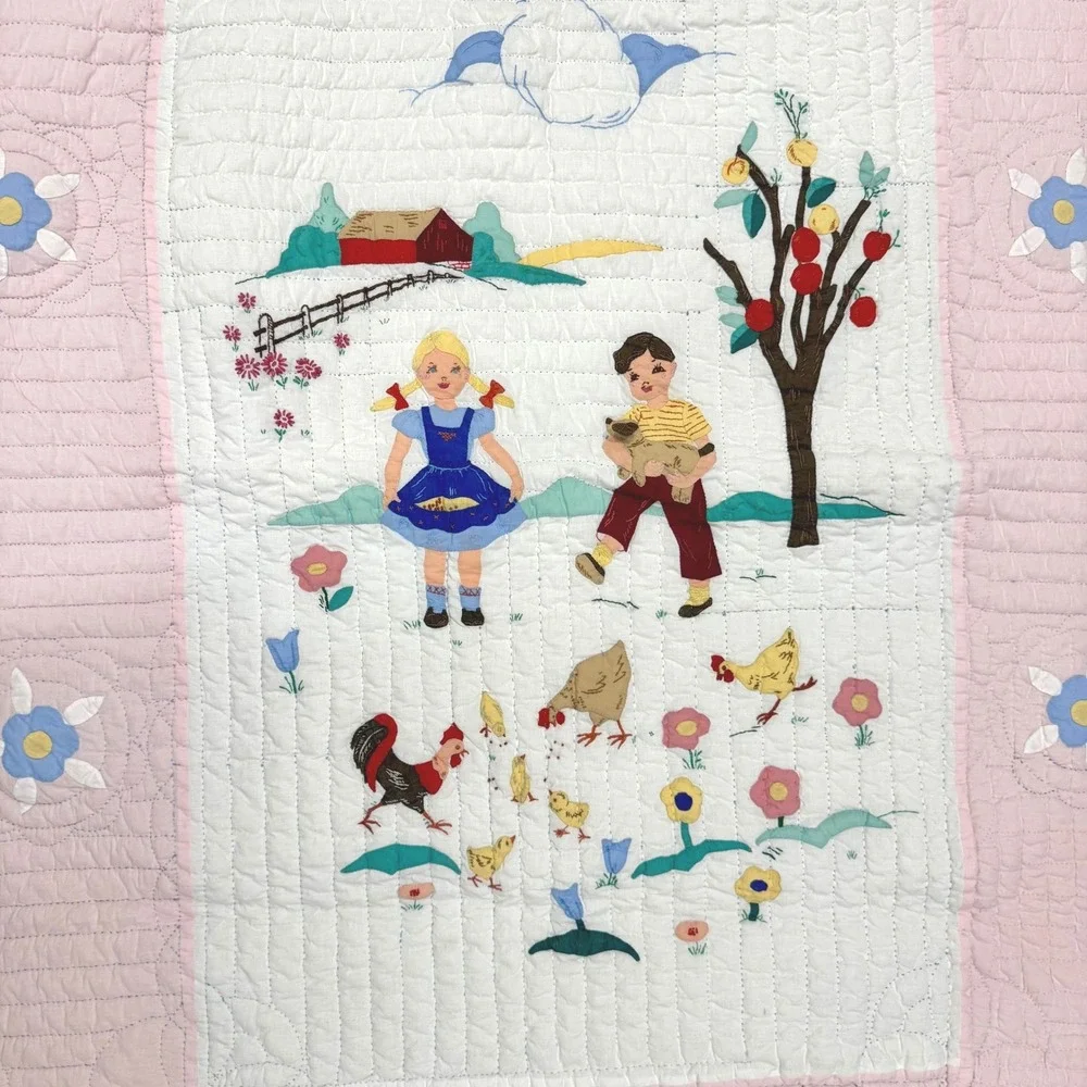 C.1930s Hand Appliqué Quilt Farm Children Pictorial Folk Art 63.5
